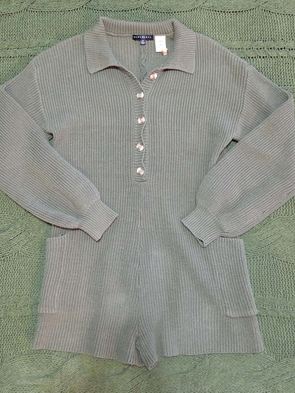 Blue Blush Knit Romper Button Up Collar Long Sleeve Sweater Green